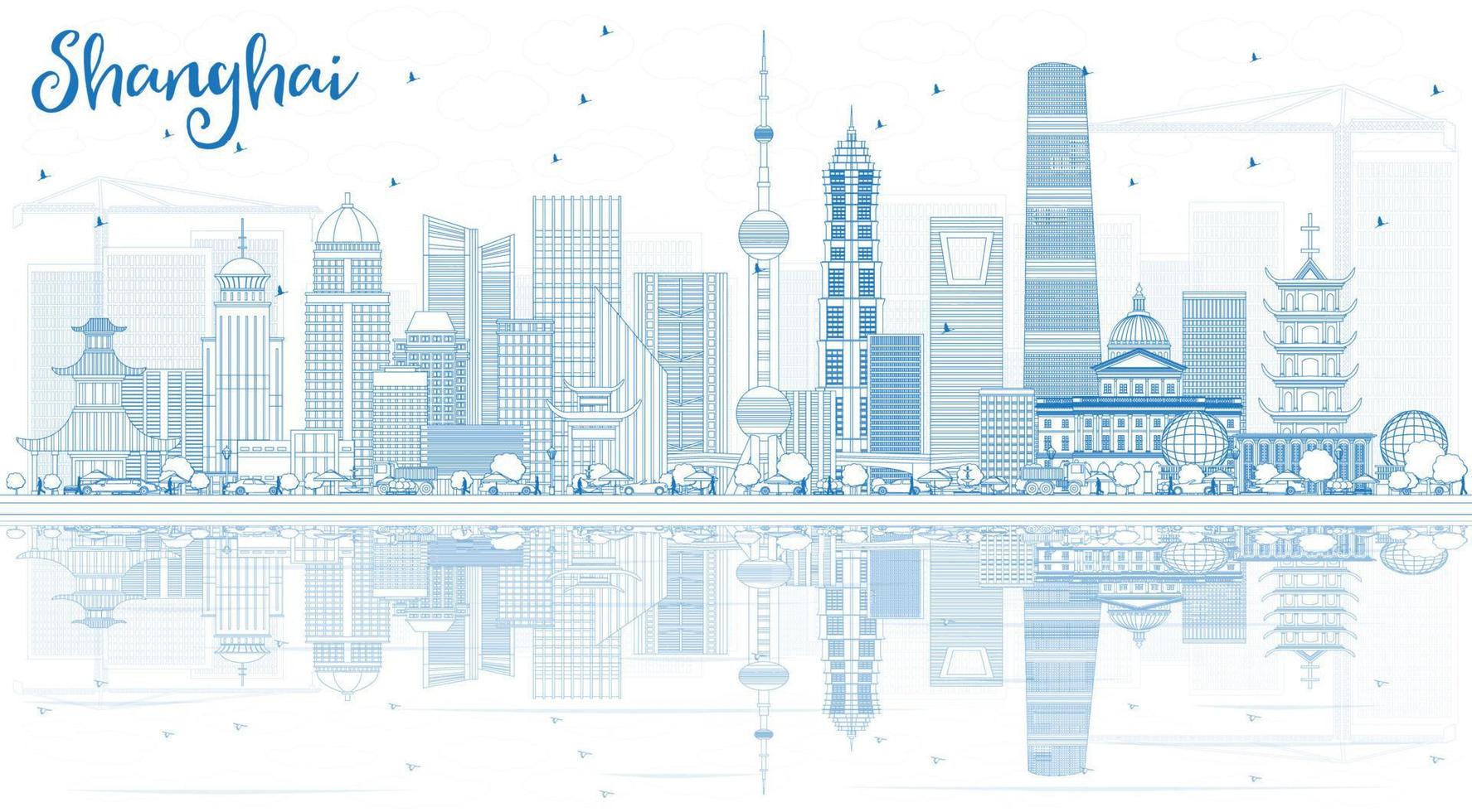 översikt shanghai horisont med blå byggnader och reflektioner. vektor