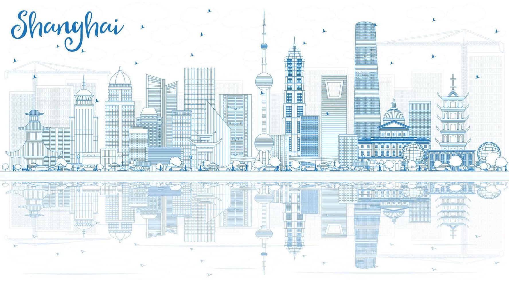 skizzieren sie die skyline von shanghai mit blauen gebäuden und reflexionen. vektor