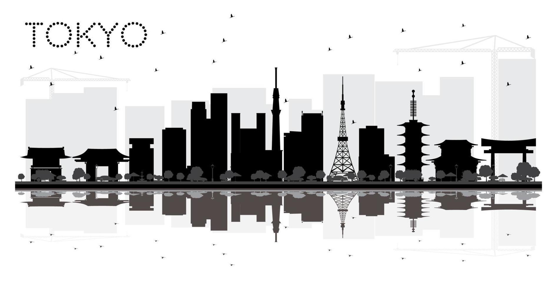 tokyo japan city skyline schwarz-weiße silhouette mit reflexionen. vektor