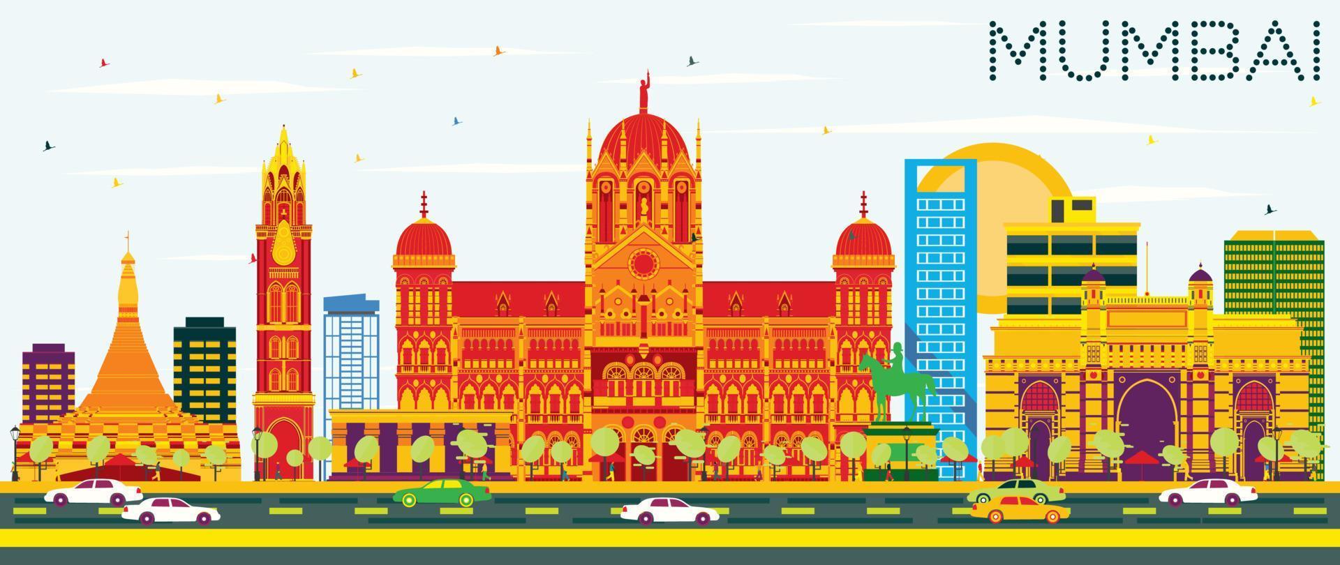 Skyline von Mumbai mit farbigen Gebäuden und blauem Himmel. vektor