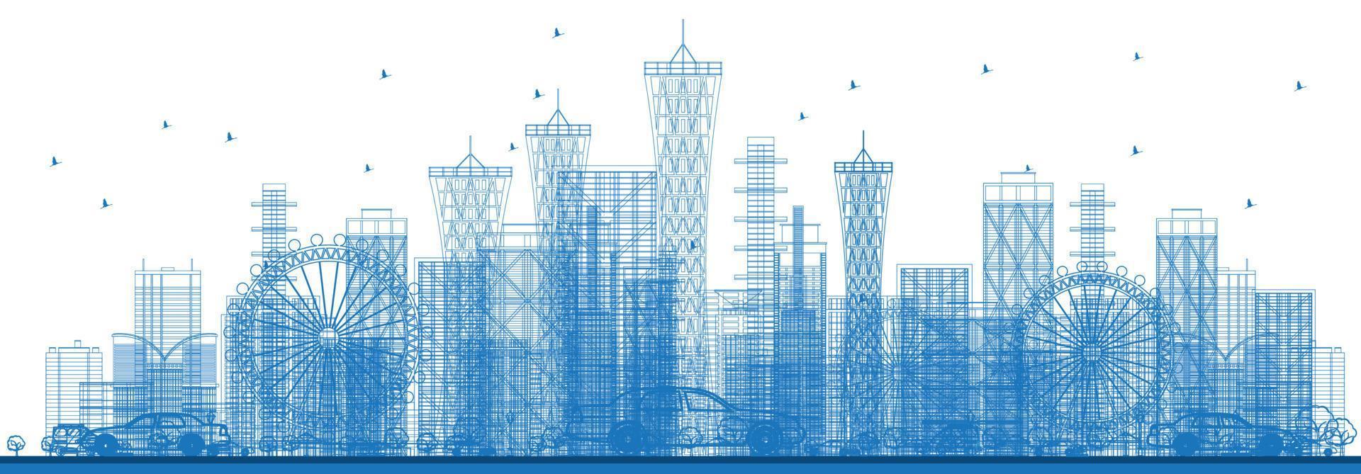 skizzieren Sie die Wolkenkratzer und Gebäude der Stadt in blauer Farbe. vektor