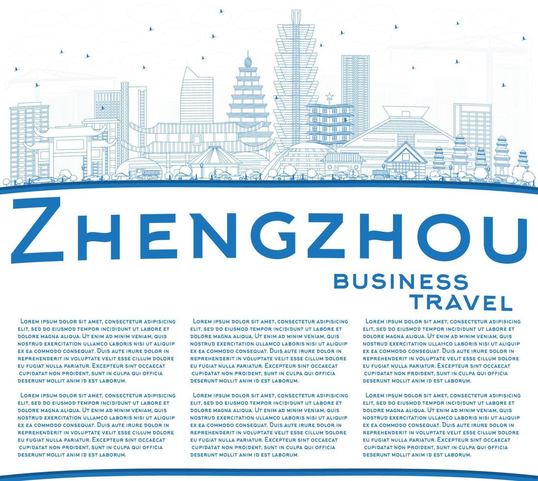 översikt zhengzhou horisont med blå byggnader och kopia Plats. vektor
