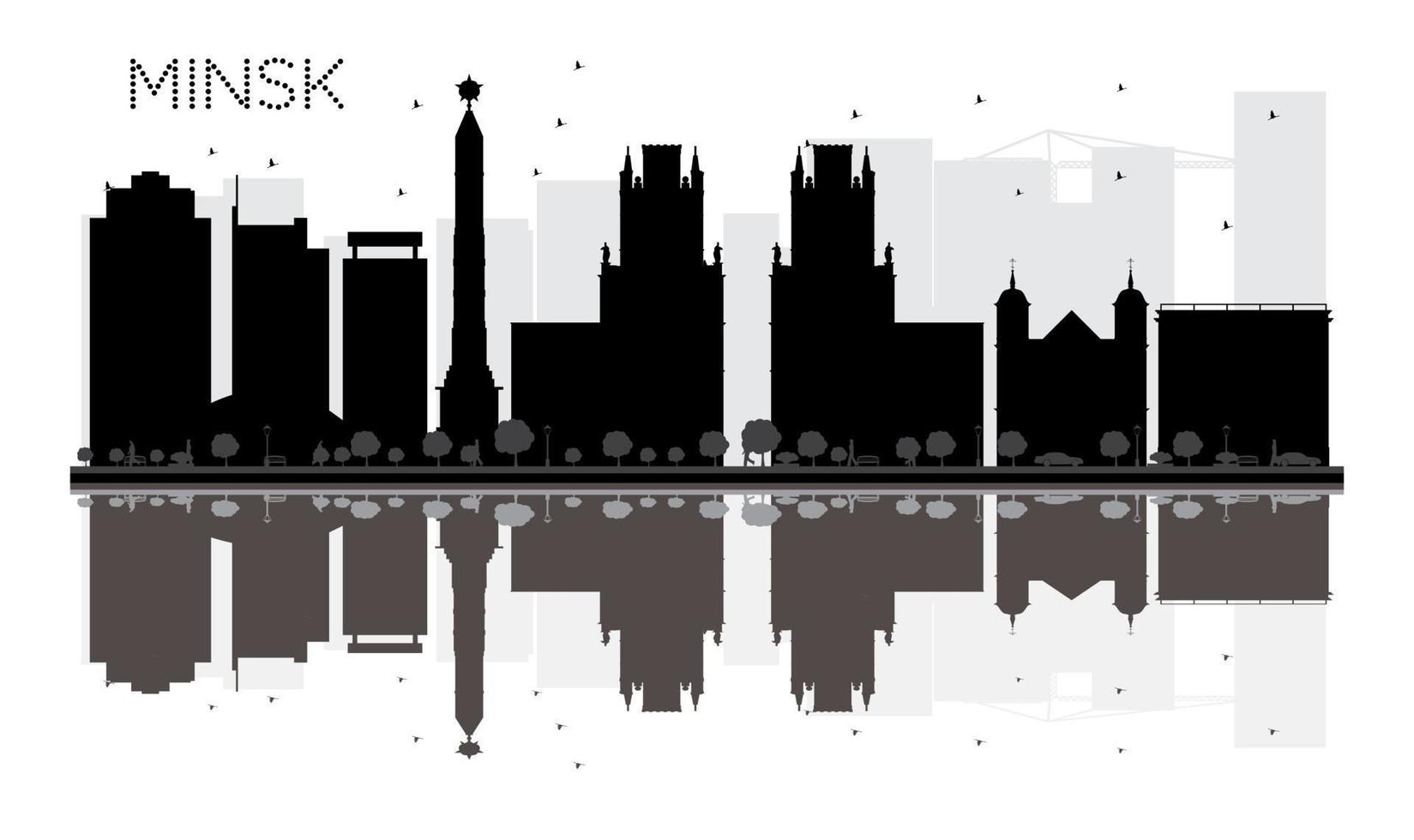 minsk stad horisont svart och vit silhuett med reflektioner. vektor