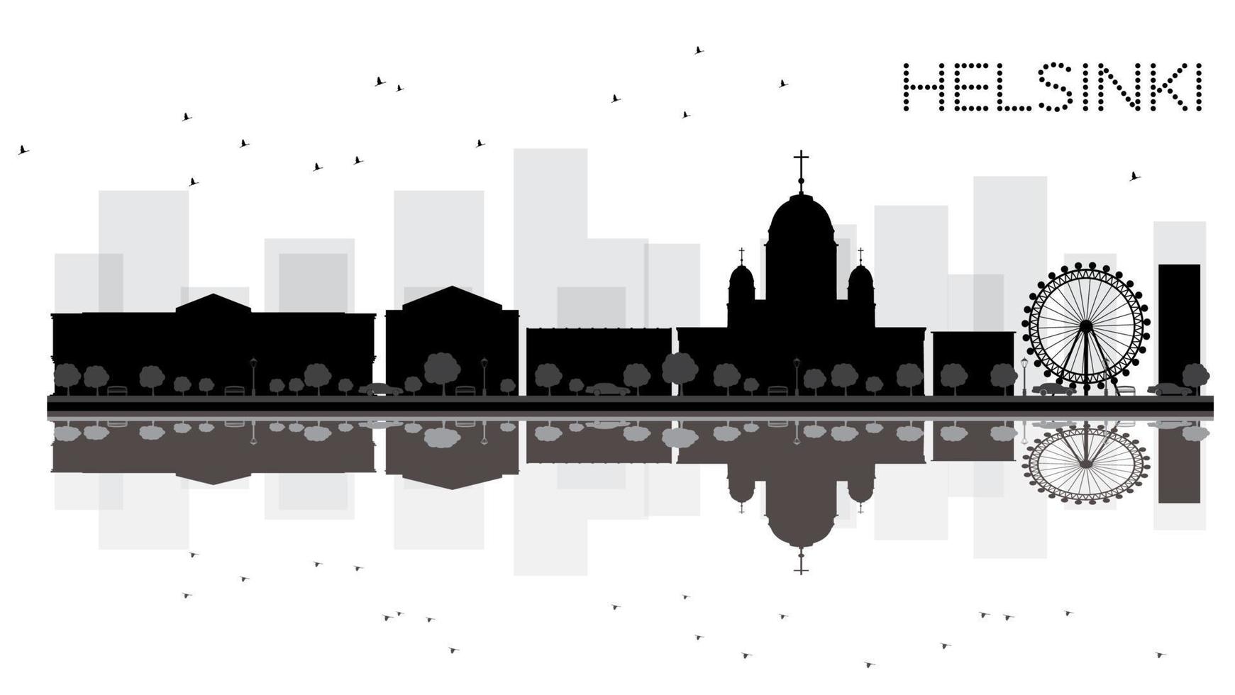 helsingfors stad horisont svart och vit silhuett med reflektioner. vektor