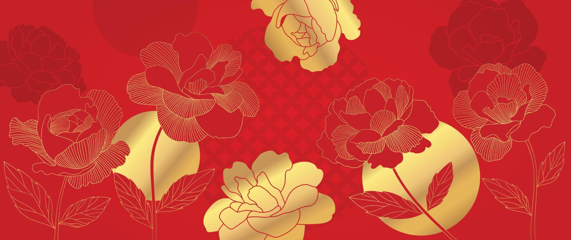 Lycklig kinesisk ny år lyx stil mönster bakgrund vektor. gyllene reste sig blomma linje konst på kinesisk mönster röd bakgrund. design illustration för tapet, kort, affisch, förpackning, reklam. vektor