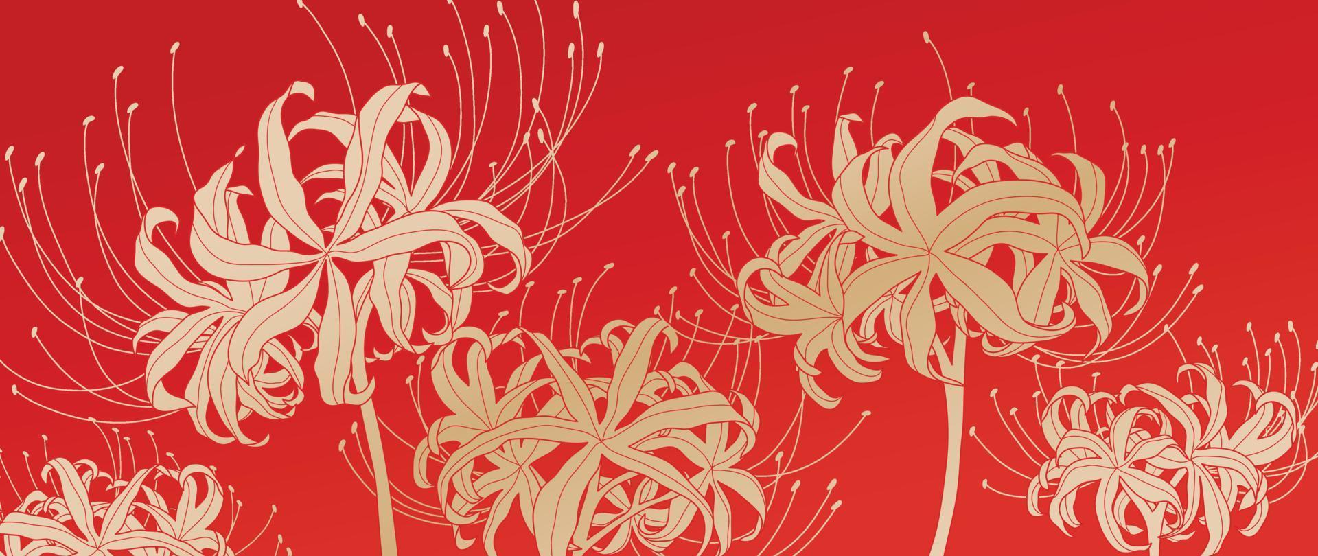 frohes chinesisches neues jahr luxus stil muster hintergrund vektor. orientalische elegante goldene Spinnenlilienblume auf rotem Hintergrund. designillustration für tapete, karte, plakat, verpackung, werbung. vektor