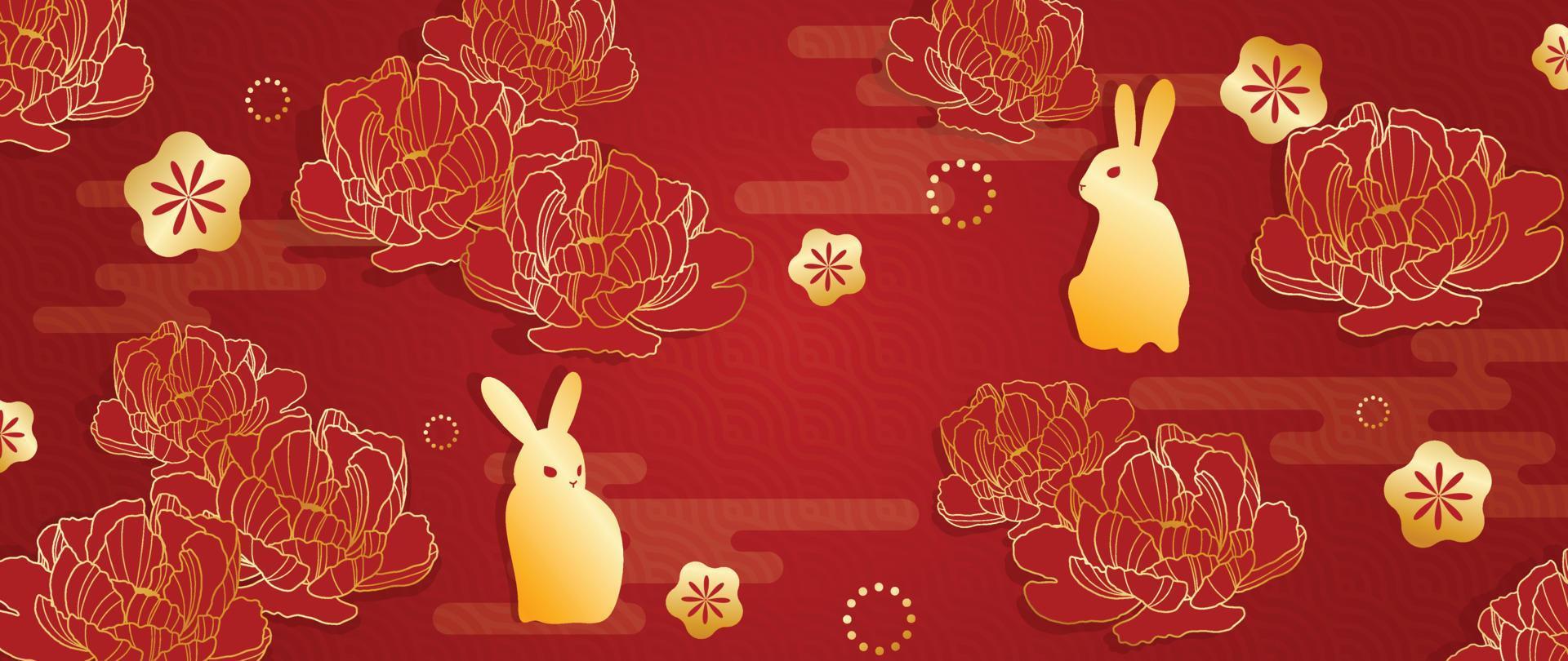 orientalischer japanischer und chinesischer luxusstilmusterhintergrundvektor. goldene neujahrskarte des kaninchens mit pfingstrosenblume auf chinesischem musterhintergrund. designillustration für tapete, karte, poster. vektor