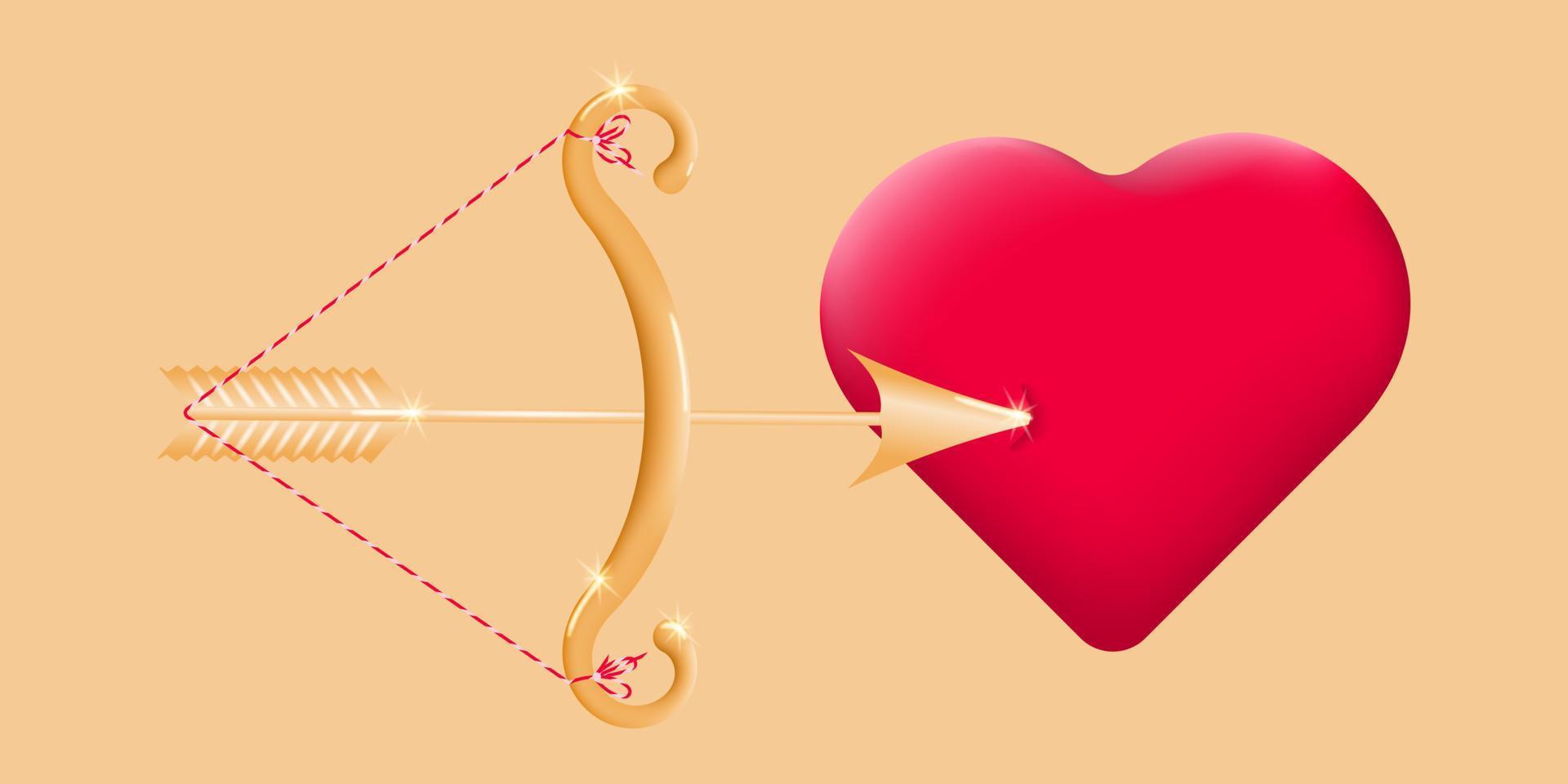 gyllene rosett och pil av cupid med hjärta. romantisk kärlek symbol av valentines dag. de begrepp av de Semester av hjärtans dag. vektor illustration.