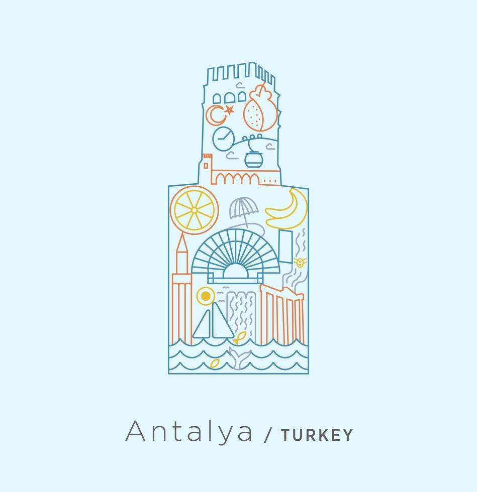 Icon-Serie exklusiv für die Türkei – Collage im Schloss von Antalya. eine Collage zu antalya-spezifischen Linien wie Banane, Meer, Strand, antikes Theater, Granatapfel, Stadtmauer, Wasserfall und so weiter. vektor