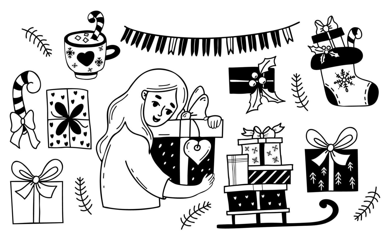 sammlung glückliche frau mit geschenken, schlitten, weihnachtsstiefel, dessertbecher, girlande und feiertagsboxen. vektor isolierte zeichnungen gekritzel. weibliche figur für die gestaltung von urlaubsthemen, neujahr dekoriert.