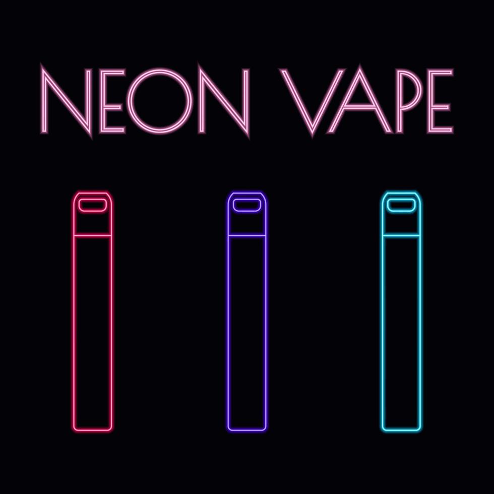 Neon elektronische Zigaretten-Set. E-Zigarette zum Dampfen. Geräte zum Rauchen. elektronische Einwegzigaretten. Vape-Mods. Neon-Werbeschild. Nacht leuchtendes Banner. vektor