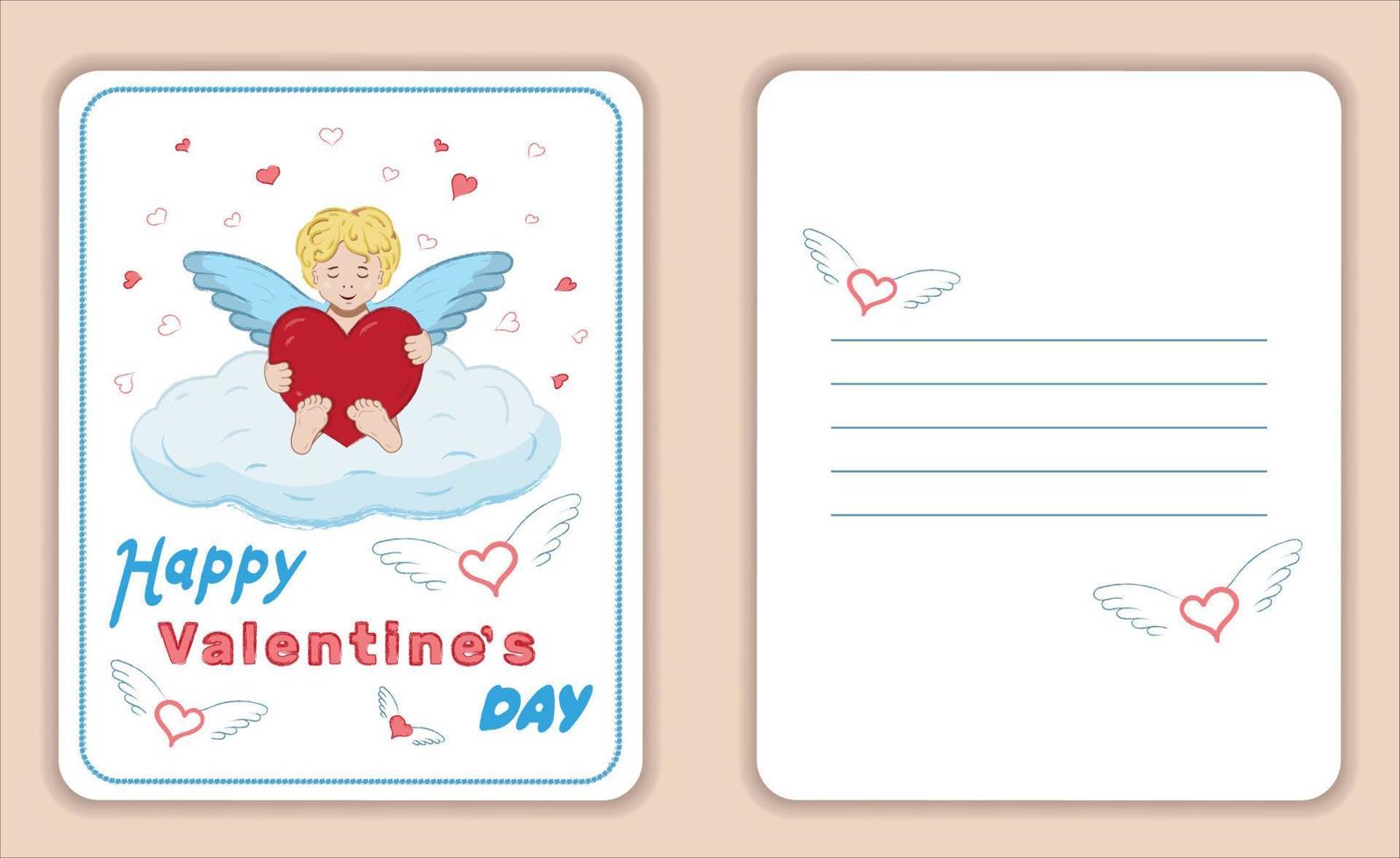 kort med ängel, cupid för hjärtans dag, datum, kärlek. vektor illustration.