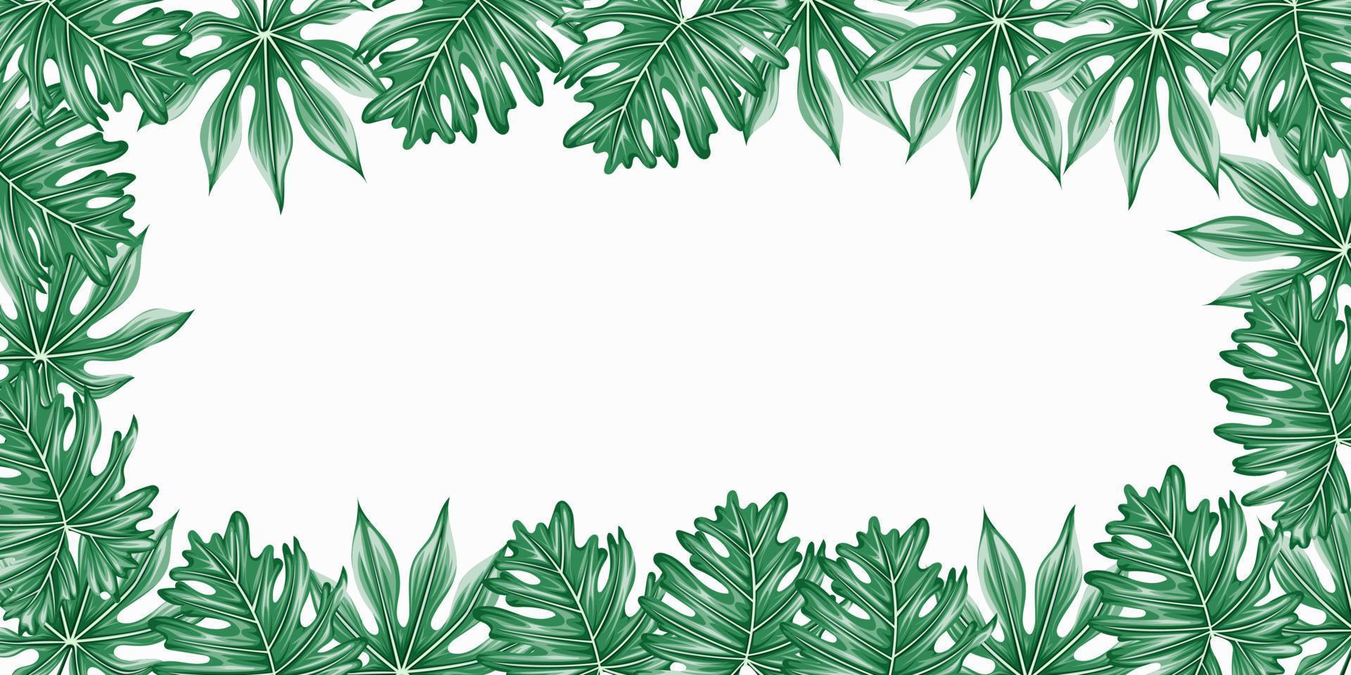 Vektor horizontale tropische Blätter Banner auf weißem Hintergrund mit Kopierraum. exotisches botanisches design für kosmetik, spa, parfüm, gesundheitspflegeprodukte, aroma, hochzeitseinladung.