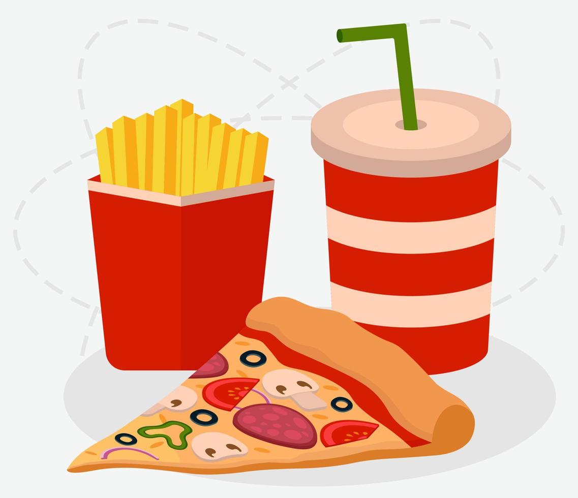 skiva av pizza, kopp av koks och frites potatis. skräp mat vektor illustration i platt stil