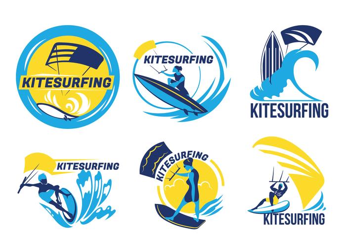 Set von Kitesurfen auf blauen Meer Vektor-Abzeichen vektor