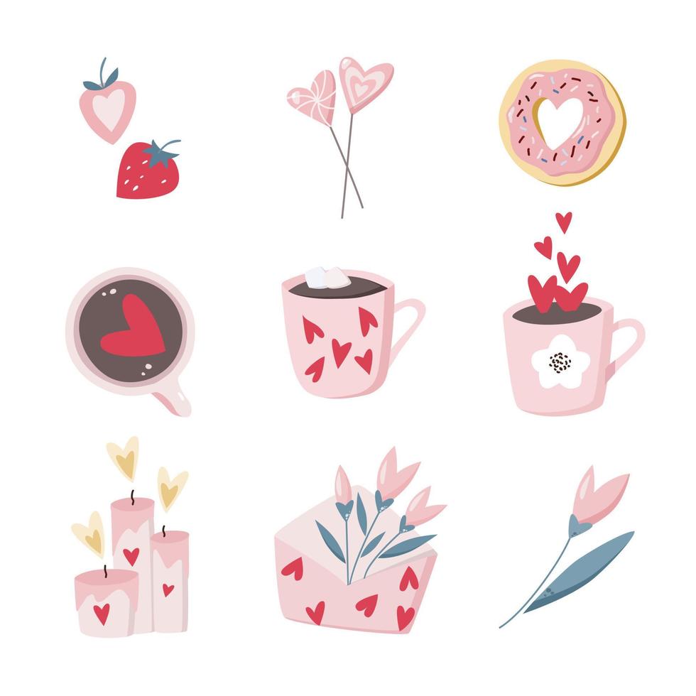 valentinstag romantische blassrosa flache illustration set kerze, kaffee, donut, blumen, umschlag, erdbeere, lutscher vektor