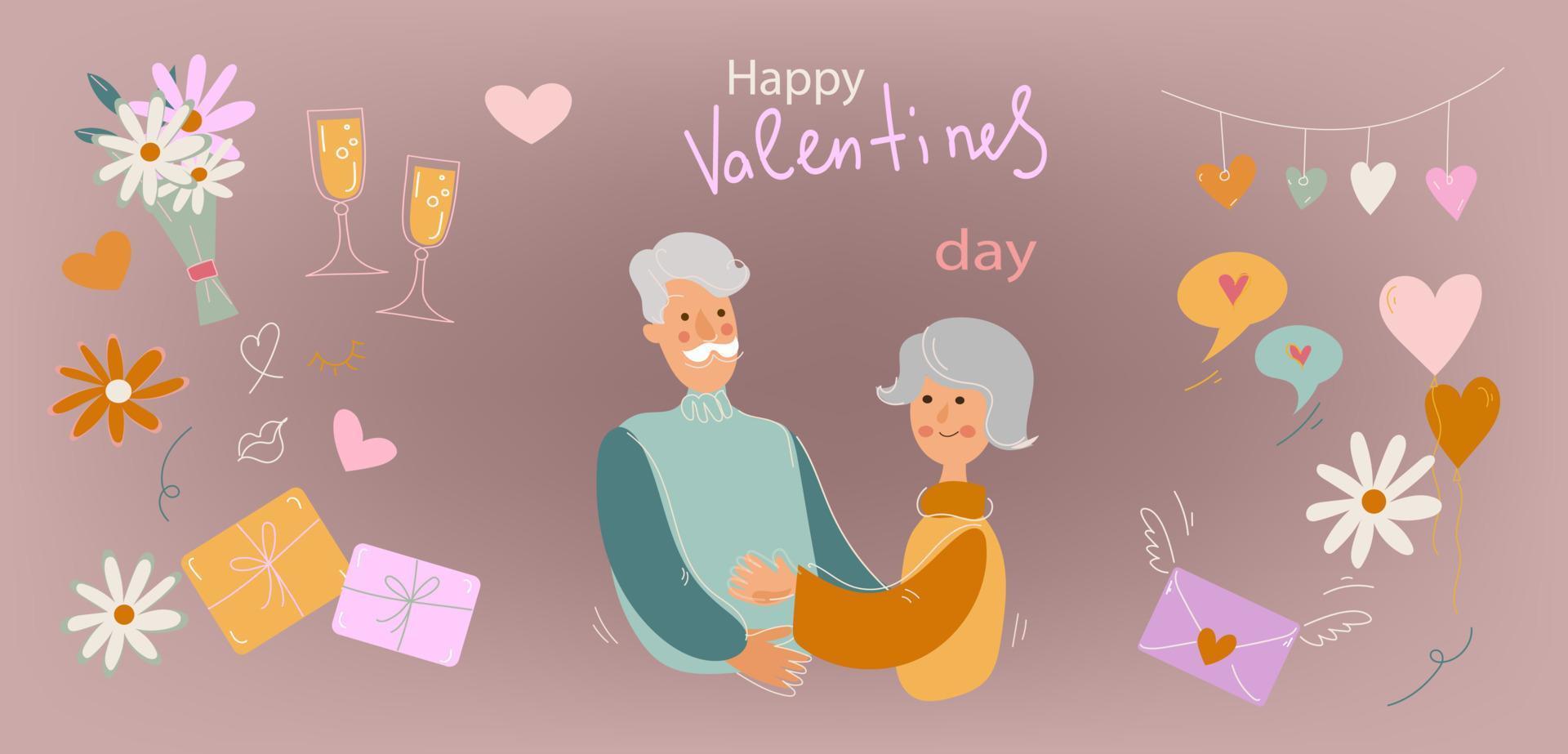 valentines dag, äldre män och kvinnor de gratulera varje Övrig, kärleksfull äldre par, åldrig tecken dejta, begrepp baner, affisch modern platt klotter vektor illustration