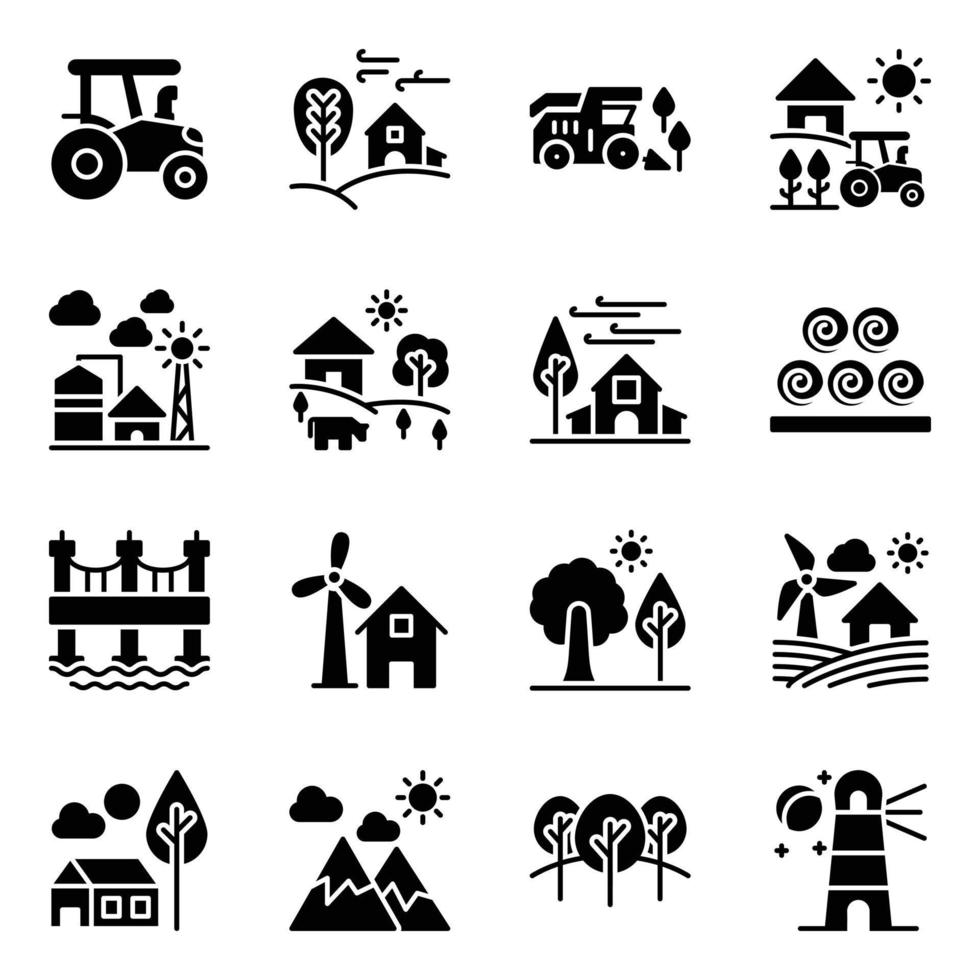 landskap och lantbruk glyf ikoner vektor