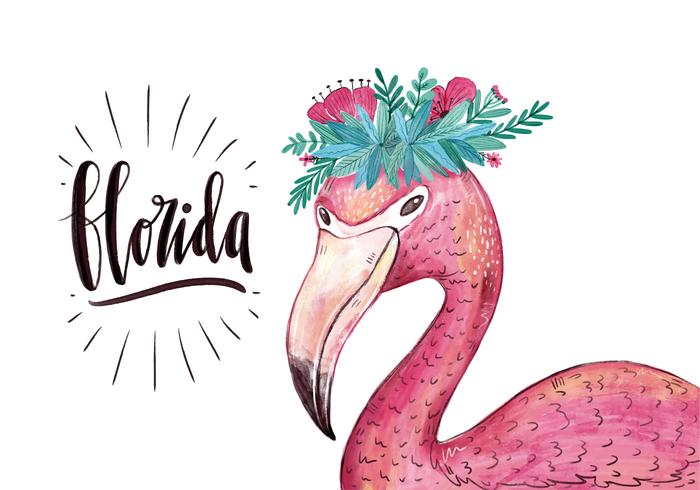 Vektor vattenfärg flamingo karaktär med blomma krona för florida staten