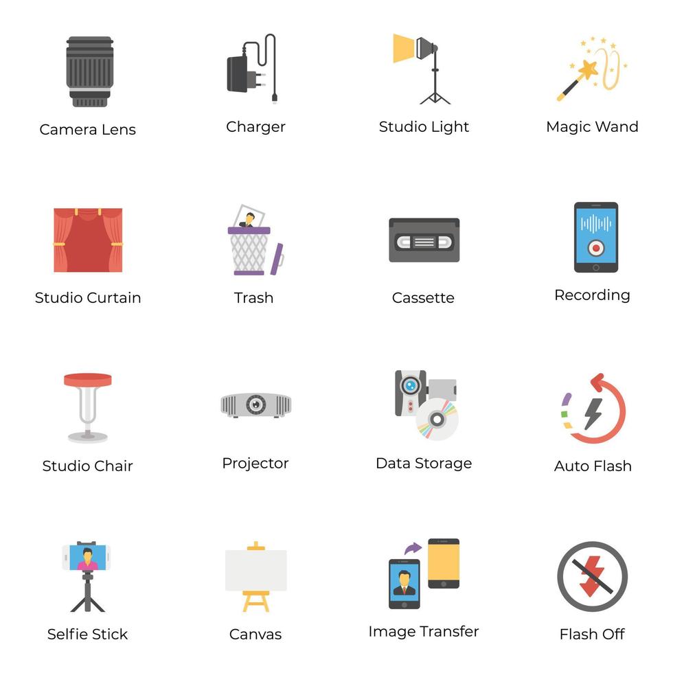 Reihe von flachen Symbolen für Fotografie und Filmemachen vektor
