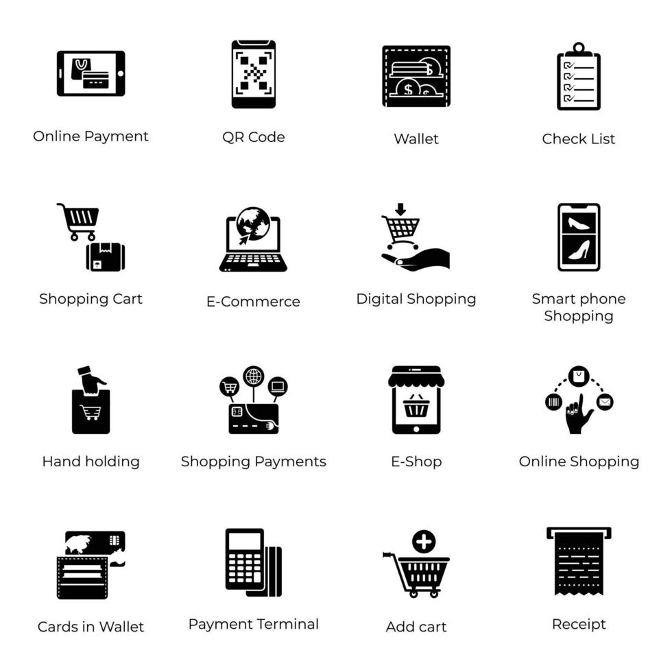 Packung mit E-Shopping-Solid-Icons vektor