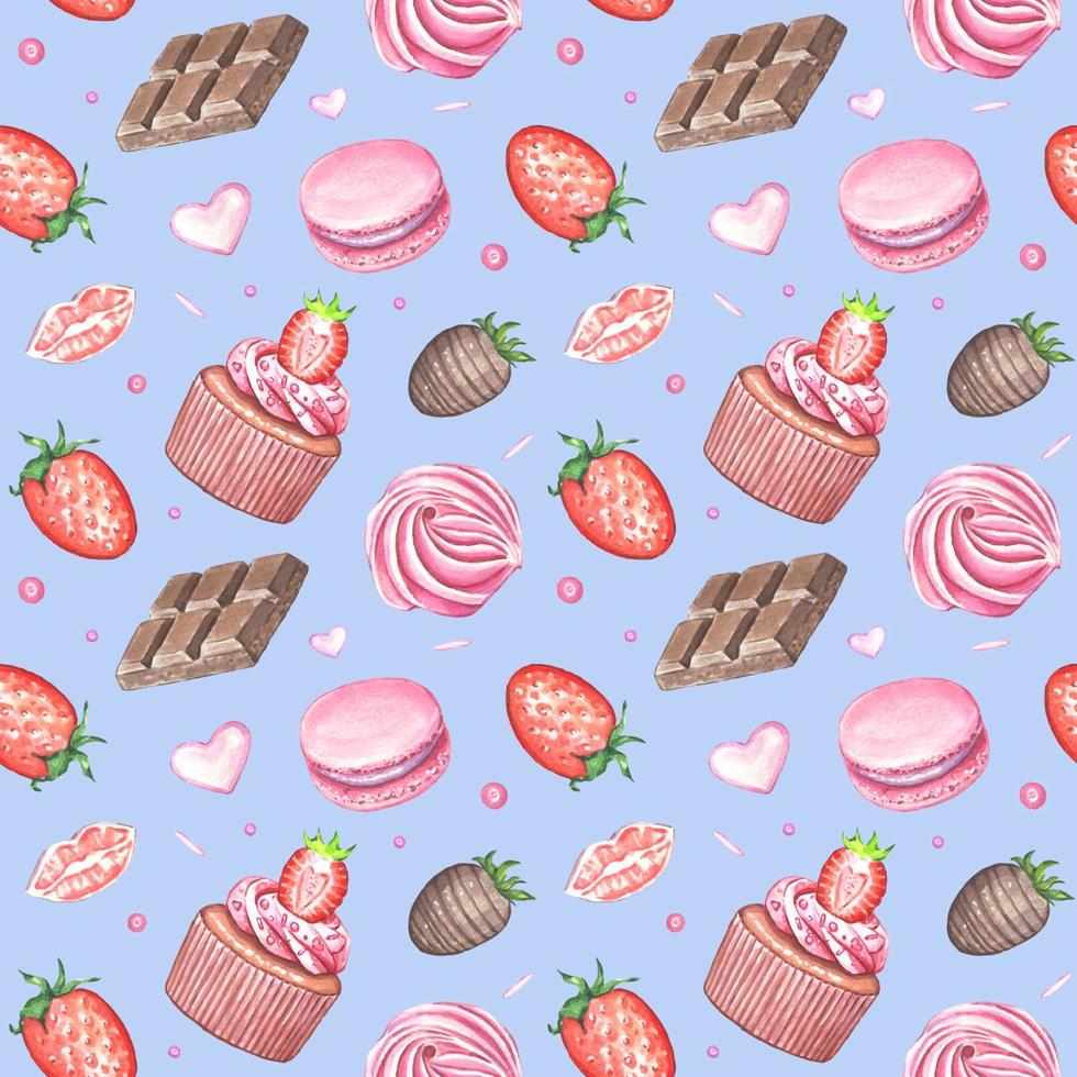 Aquarell Musterdesign mit Süßigkeiten. Schokolade, Kuchen, Marshmallows, Erdbeeren, Kekse. vektor