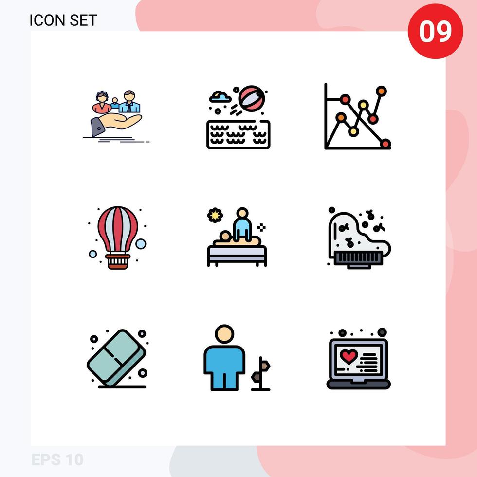 universelle Symbolsymbole Gruppe von 9 modernen gefüllten flachen Farben der Pflege Rückenanalyse Heißluftballon editierbare Vektordesign-Elemente vektor