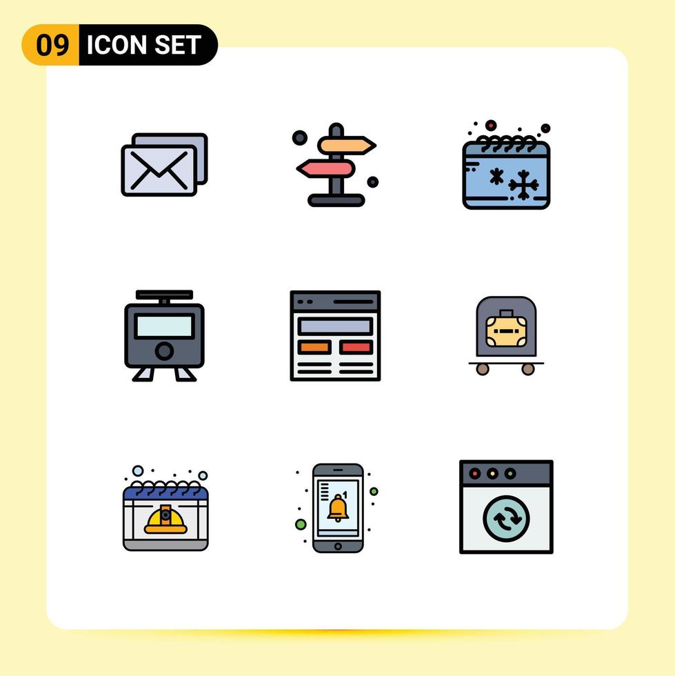 grupp av 9 fylld linje platt färger tecken och symboler för hjälte kommunikation kall tåg järnväg redigerbar vektor design element