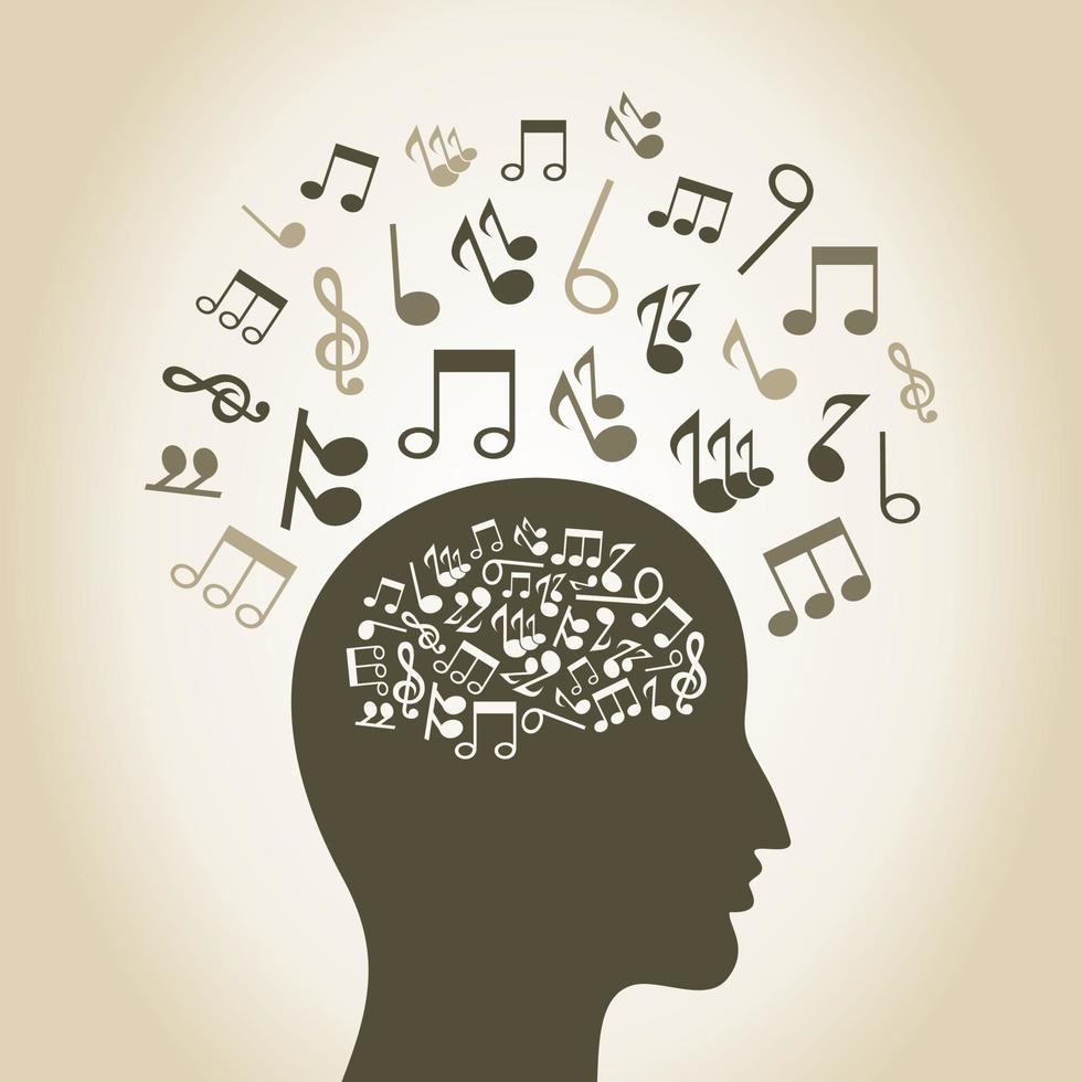 musikalisk anteckningar runda en huvud av de person. en vektor illustration