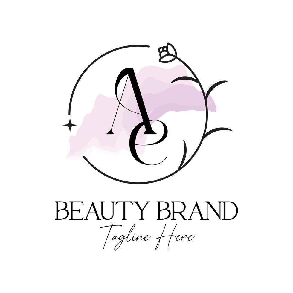 ae initiale alphabet buchstabe emblem logo logo designvorlage mit botanischer blume und stern mit aquarellhintergrund vektor