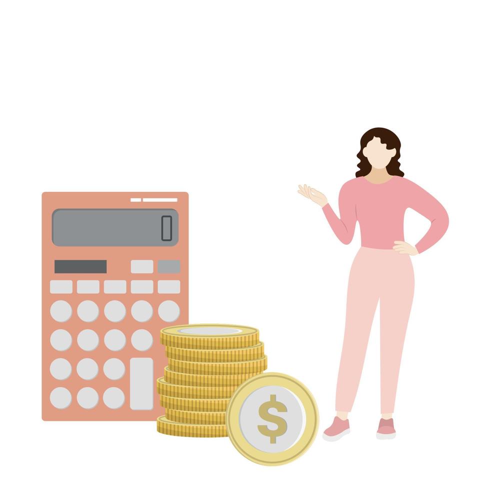 Ein Mädchen in vollem Wachstum steht in der Nähe eines Stapels großer gelber Münzen und eines riesigen Taschenrechners, flacher Vektor, isoliert auf Weiß, Finanzen, gesichtslose Illustration vektor
