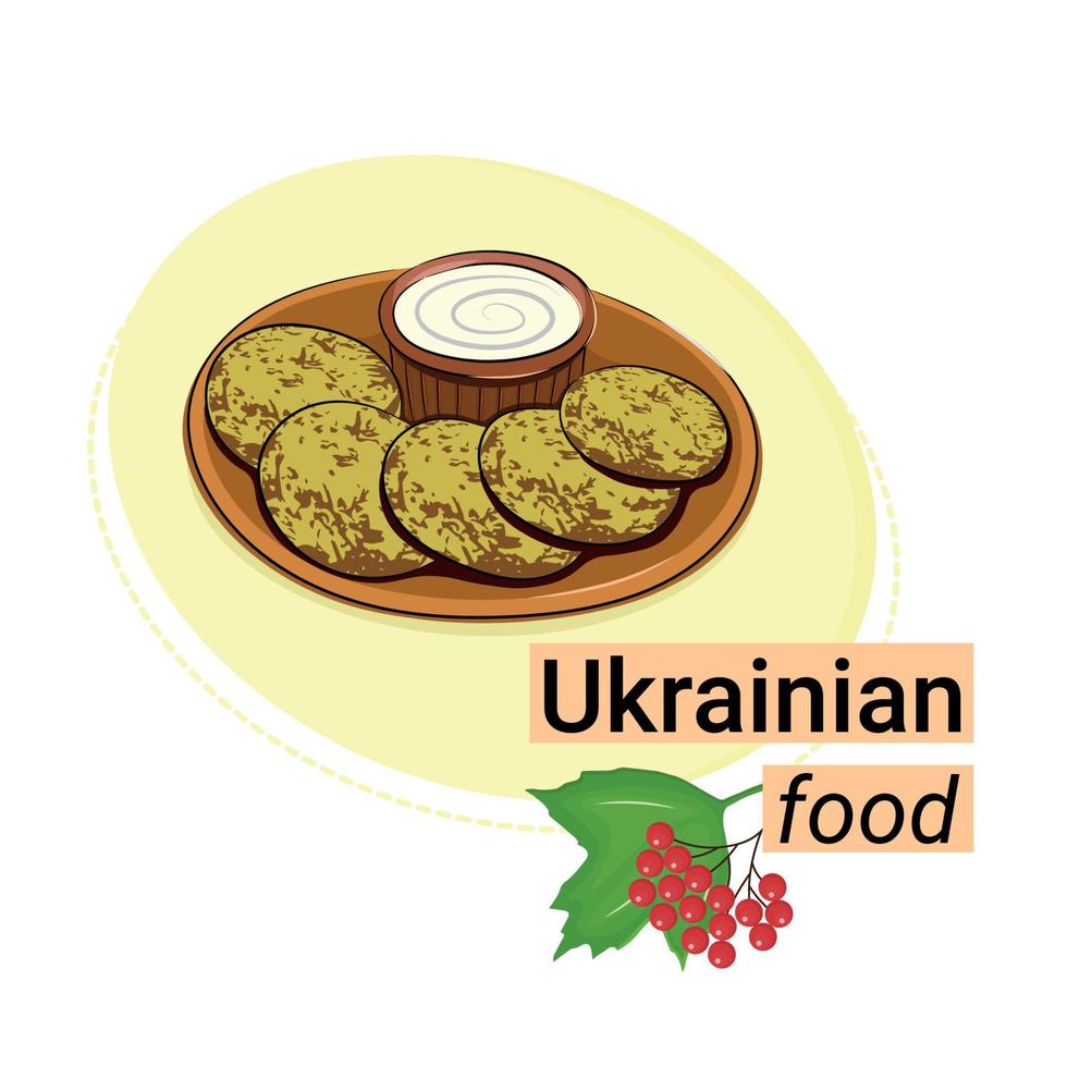 maträtt av nationell ukrainska kök, potatis pannkakor med sur grädde, platt vektor, isolera på vit, inskrift ukrainska mat, klistermärke, viburnum gren vektor