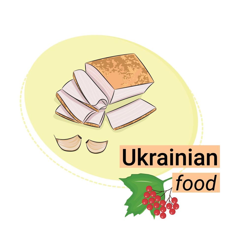 gericht der nationalen ukrainischen küche, salo, knoblauch, flacher vektor, isolieren auf weiß, aufschrift ukrainisches essen, viburnumzweig vektor