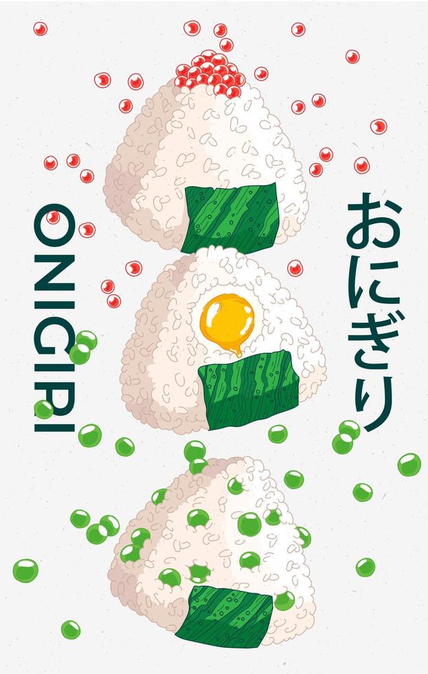vektor illustration av onigiri. japansk snabb mat tillverkad av ris med fyllning, gjuten i de form av en triangel i inte jag heller tång.