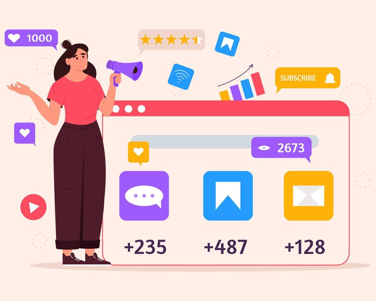 social media marknadsföring begrepp med kvinna med megafon och ikoner av smm. ung kvinna hantera smm strategi processer. platt vektor illustration.