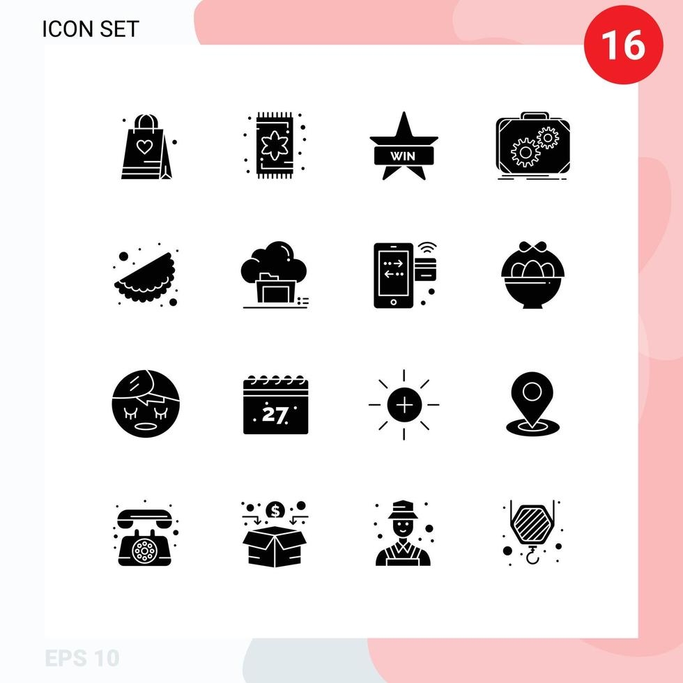 Gruppe von 16 modernen soliden Glyphen, die für die Aktenkoffer-Produktion von Lebensmittelfortschrittsabzeichen gesetzt werden, editierbare Vektordesign-Elemente vektor