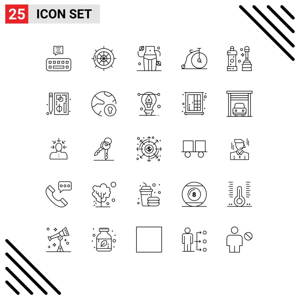 Stock Vector Icon Pack mit 25 Linienzeichen und Symbolen für sauberere Fahrzeugdiät Transportfahrrad editierbare Vektordesign-Elemente
