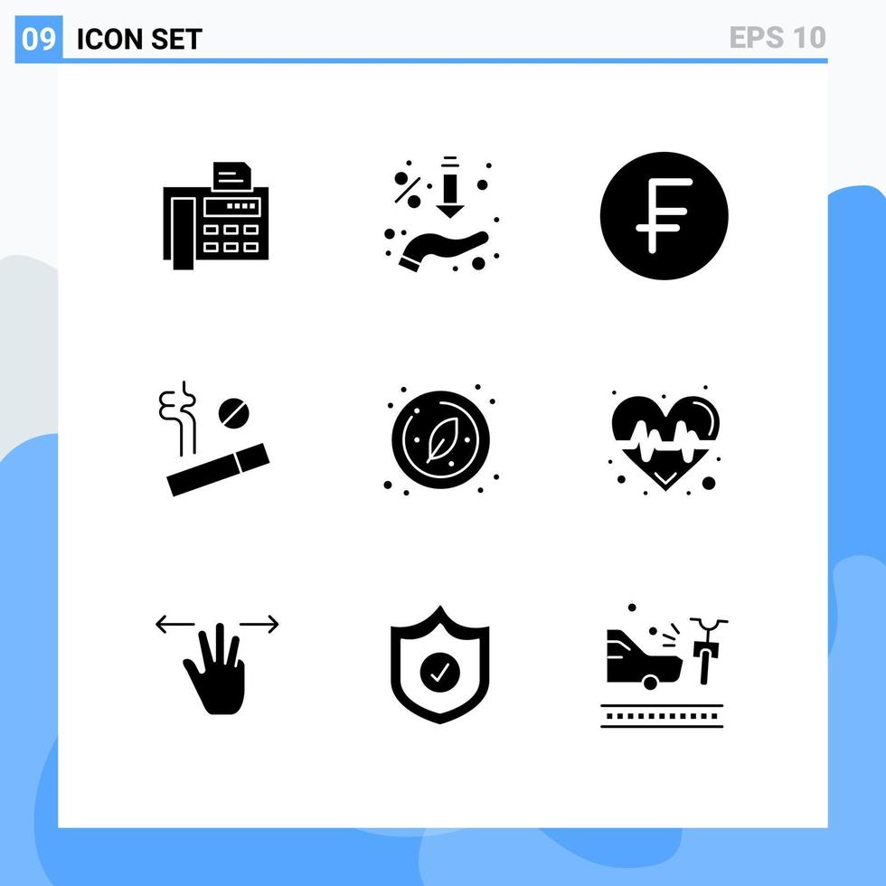 mobil gränssnitt fast glyf uppsättning av 9 piktogram av blad rökning erbjudande rök dollar redigerbar vektor design element