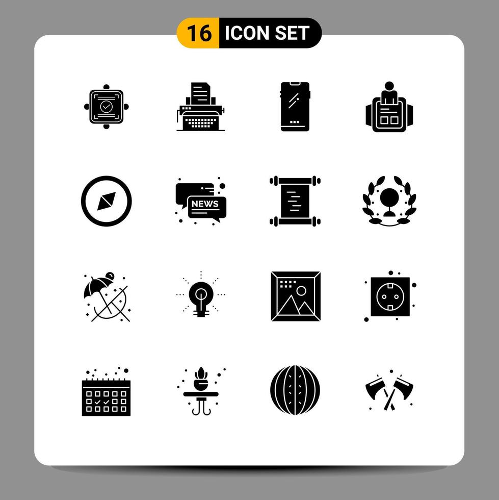 redigerbar vektor linje packa av 16 enkel fast glyfer av kompass tid telefon man iphone redigerbar vektor design element