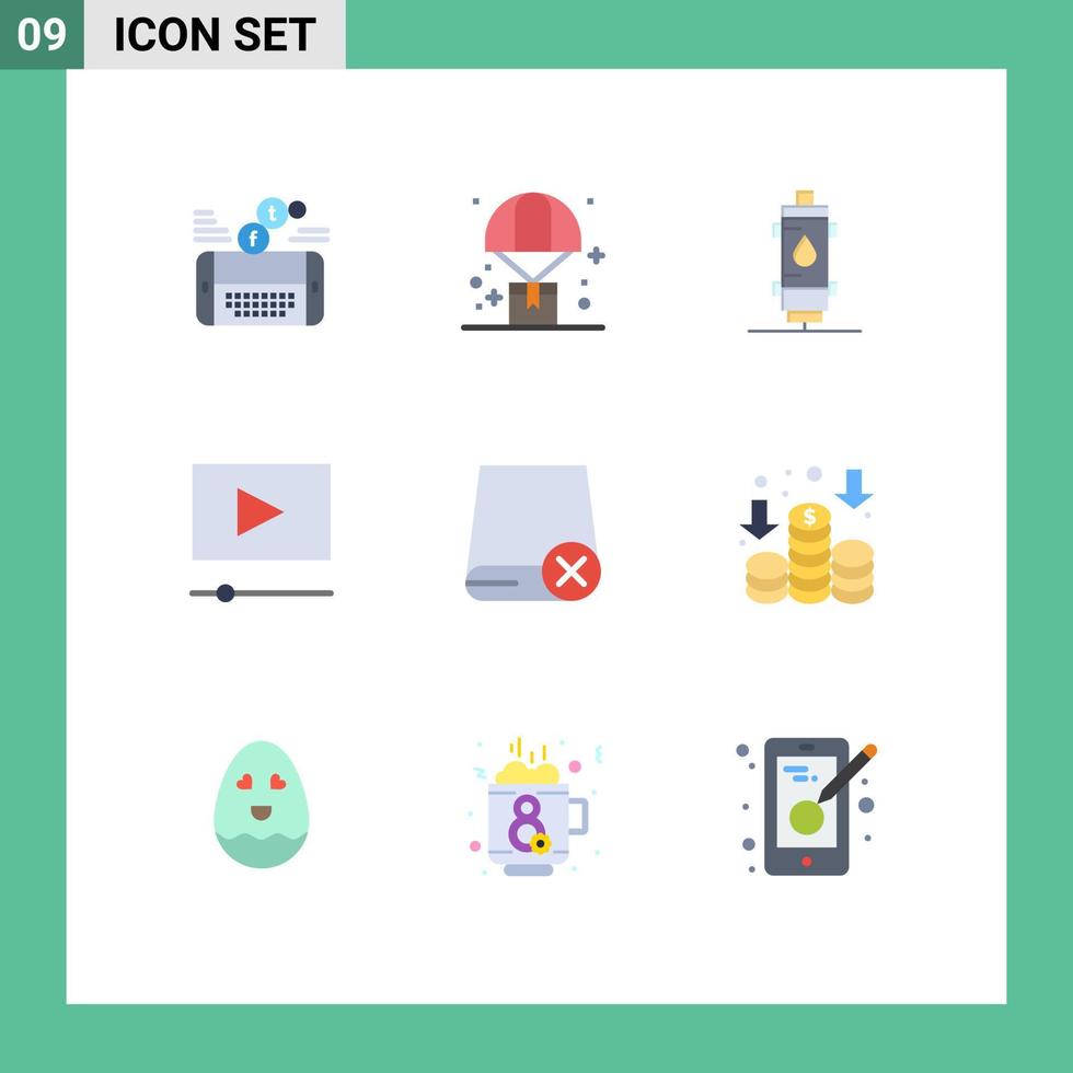 mobil gränssnitt platt Färg uppsättning av 9 piktogram av film gejser fallskärm gas värme redigerbar vektor design element