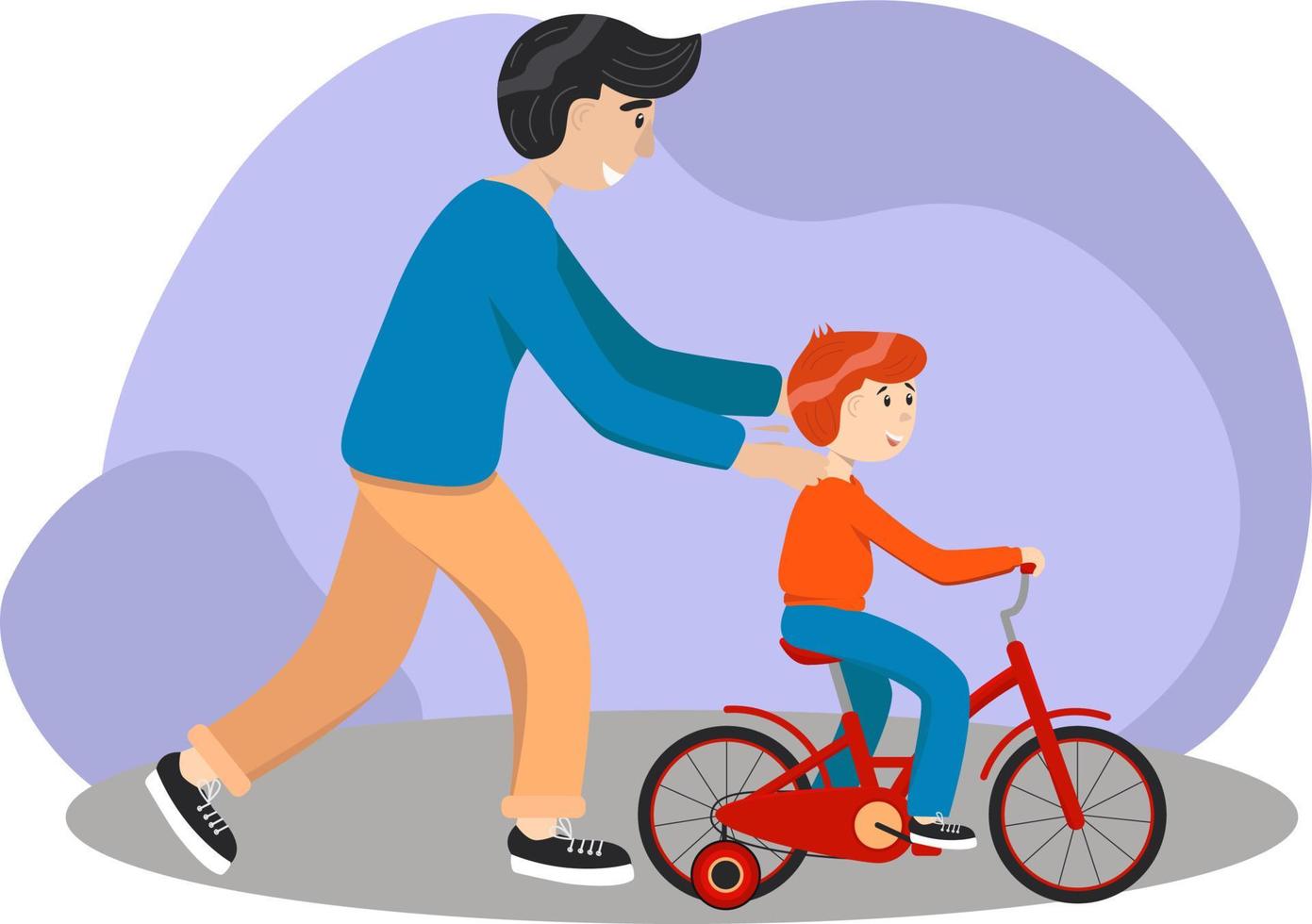far lär son till rida en cykel. unge lär till rida cykel. föräldraskap begrepp. far hjälp hans pojke unge inlärning till rida en cykel på landsbygden tillsammans. stock vektor illustration, eps 10.
