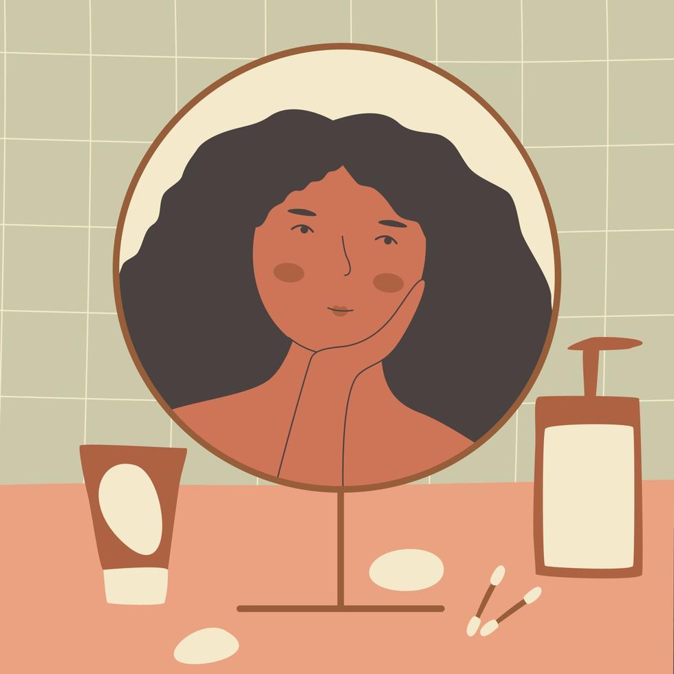 Lycklig kvinna utseende i de spegel och rörande ansikte. accepterar sig. själv kärlek. hud sjukdom. leende flickor med hud problem. stock vektor illustration