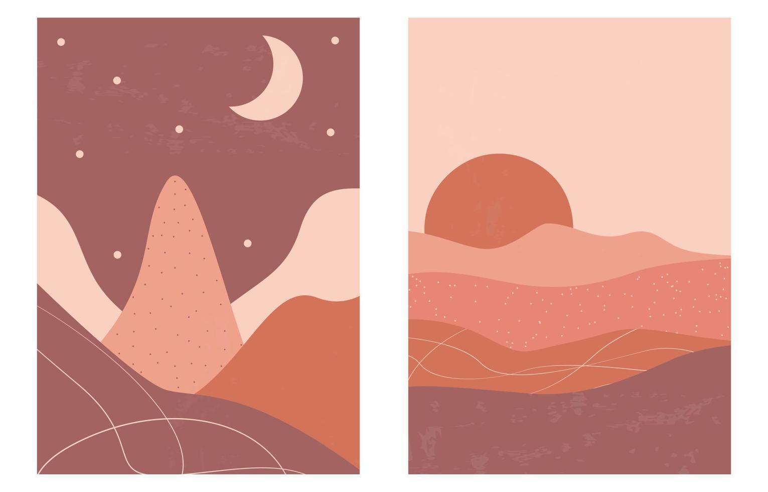 satz trendige minimalistische landschaft. boho-postersammlung berge, sonnenuntergang, mond.landschaftsszenen. Design für soziale Medien, Tapeten, Postkarten, Drucke. vektor