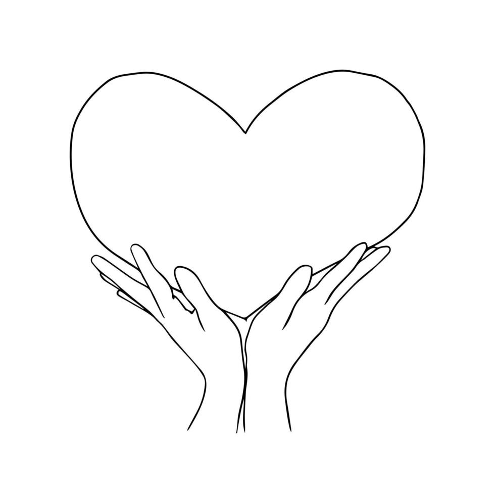Hände halten Herz auf weißem Hintergrund. schwarze dünne Handlinie mit Herzbild. Strichzeichnungen. Vektor esp10