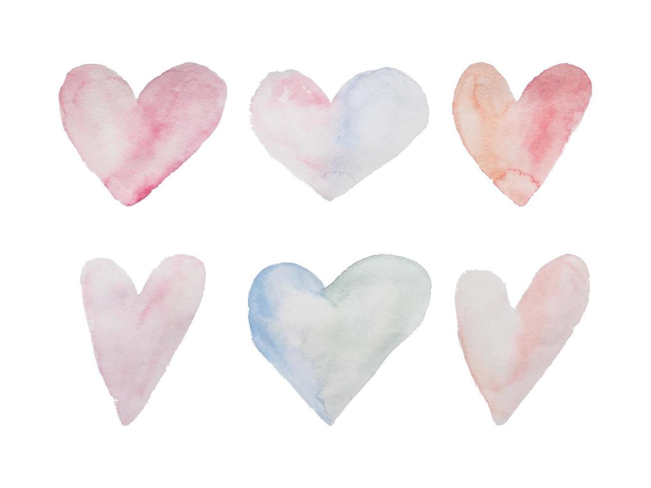 uppsättning av handmålad vattenfärg hjärtan isolerat på vit bakgrund vektor