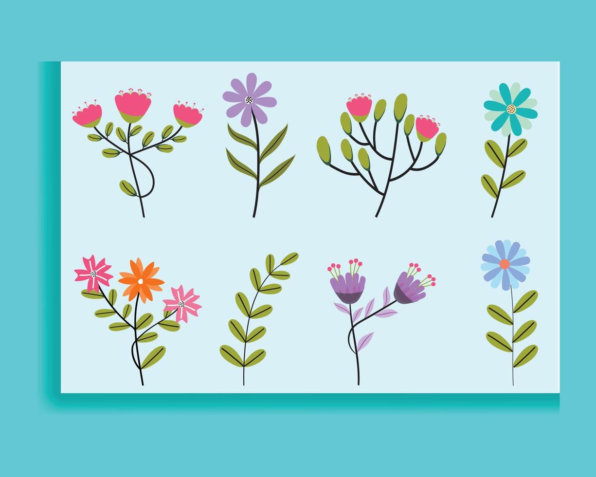 Reihe von bunten Frühlingsblumen. Reihe von Blumenzweigen. isoliert auf weiß für grußkarten, ostern und danksagung. Federsatz, handgezeichnete Elemente. vektor