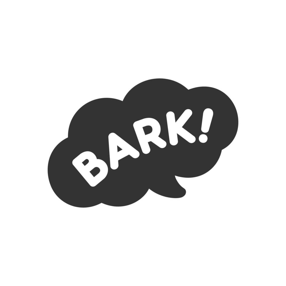 bark vit text i en mörk svart Tal bubbla ballong. tecknad serie serier hund bark ljud effekt och text. enkel platt vektor illustration silhuett på vit bakgrund.