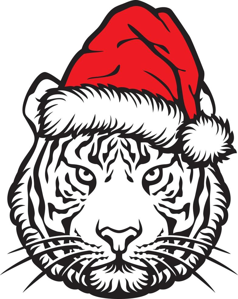 tiger huvud och santa claus hatt - jul design. vektor illustration.