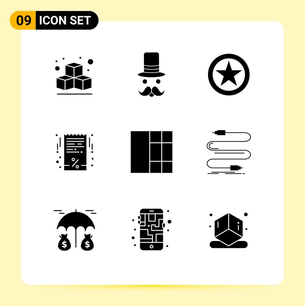 moderner Satz von 9 soliden Glyphen und Symbolen wie Wireframe Quittung Insignien Rechnung Rechnung bearbeitbare Vektordesign-Elemente vektor