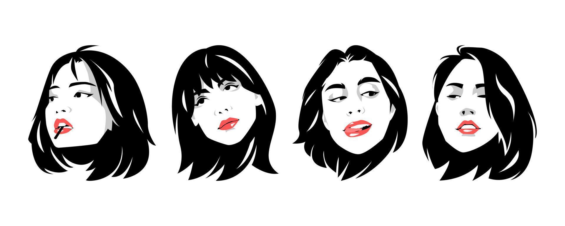 uppsättning av skön kvinnors ansikten med kort hår. annorlunda stil, placera, hår stil, ansiktsbehandling gest. röd mun. vit bakgrund. svart och vit pop- konst porträtt illustration. vektor